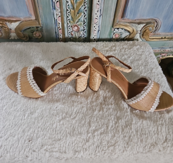 Kate Spade white platform wedge with gold detail... | Depop Kate Spade Beige and White Espadrille Sandals